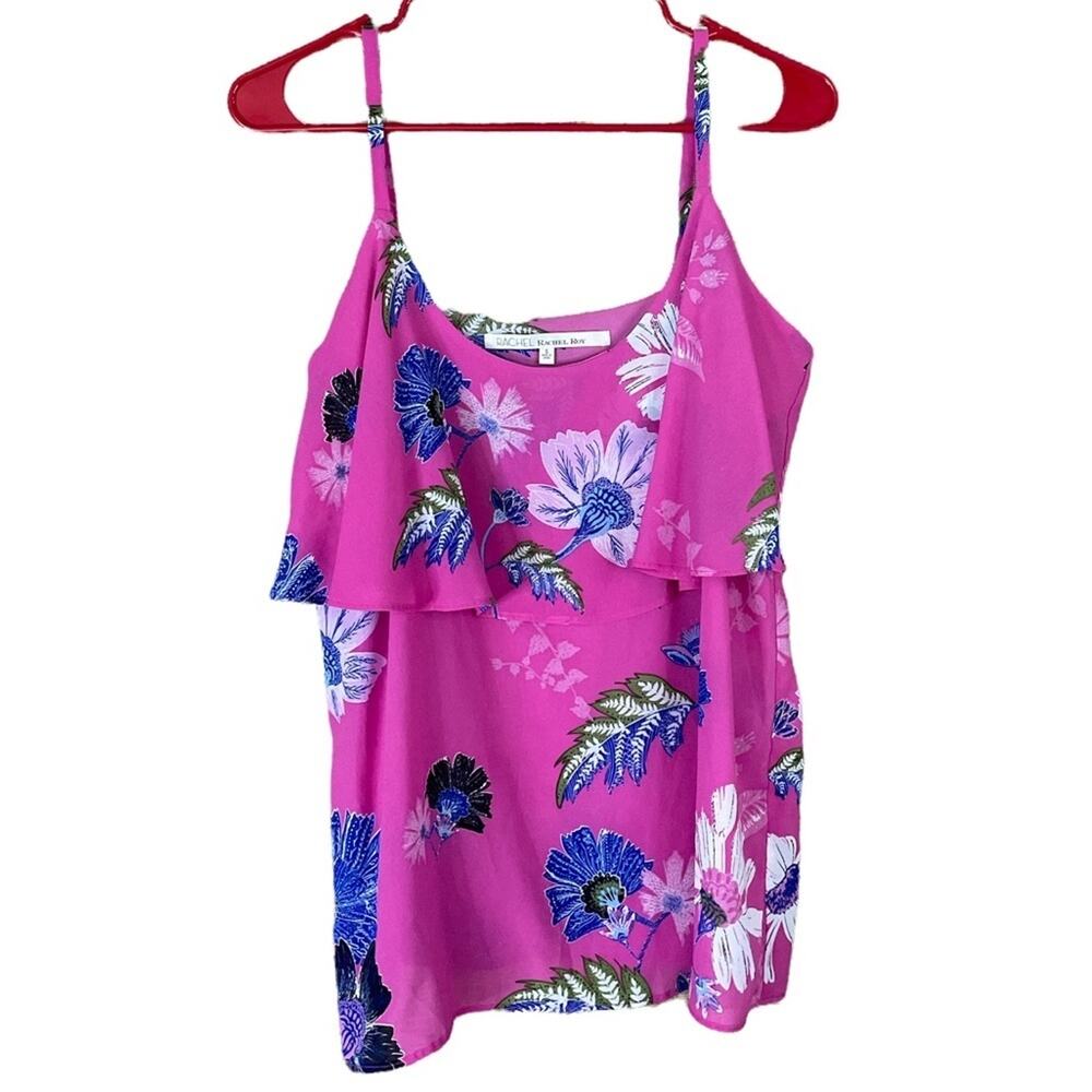 Rachel Roy Pink Floral Flounce Spaghetti Strap Scoop Neck Tank Top Size Small